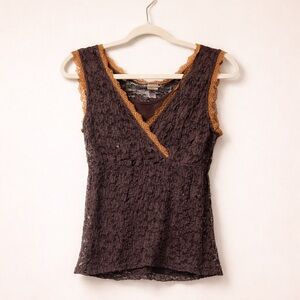 Covington Lace Tank Top Brown & Copper Trim Y2K Boho Sleeveless Blouse Size M